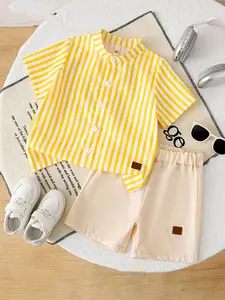 Boys' Short Pants Set Striped Patchwork Shirt Top & Elastic Waist Woven Shorts, Summer Casual Sportswear