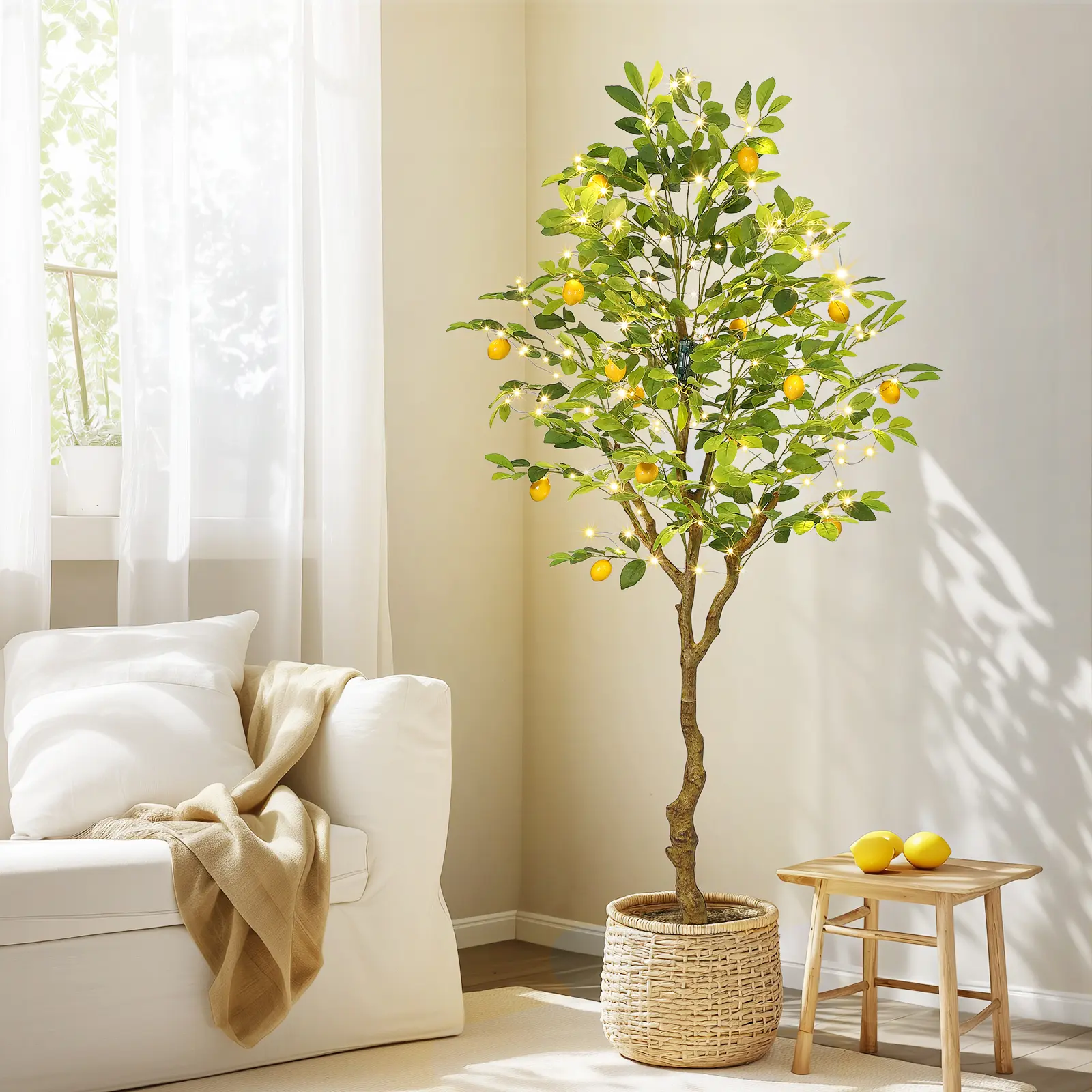 5ft Luminous Pre-Potted Artificial Lemon Tree - Metal-Durable Plastic Fake Plant with Realistic Lemons, Photorealism Fruit, Decorative Leaves, Remote Mode Swap, Universal Indoor Floor Decor for Home, Bedroom (Batteries Not Included)