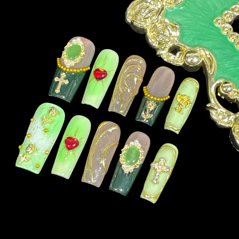 BByogooz Handmade Press On Nails Middle/Long Square Acrylic Fake Nails Green French Luxury Style with 3D Flower, Cross Angel Art Design | Gift for Women & Girls