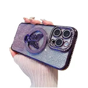 Rhinestone Edge Glitter Bow Magnetic Stand Case for iPhone 17 Pro 16 Pro Max Full Coverage Shockproof Protective Luxury Phone Cover for Women