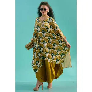 Multicolor printed kaftan with stripe pleated detailing paired with pants