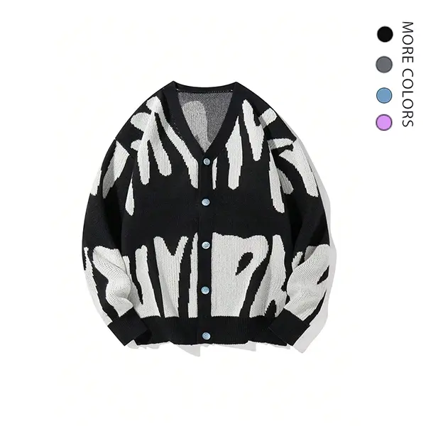 Menswear Stylish Graphic Print Knitwear, Soft Long Sleeve Button-Front Top for Formal & Daily Outings, Cardigans, Sweater, Casual, Classic, Clothes, Polyester, Buttons, Long Sleeves, V-Neck, Fitted, Street, Sweaters, Fashion, M