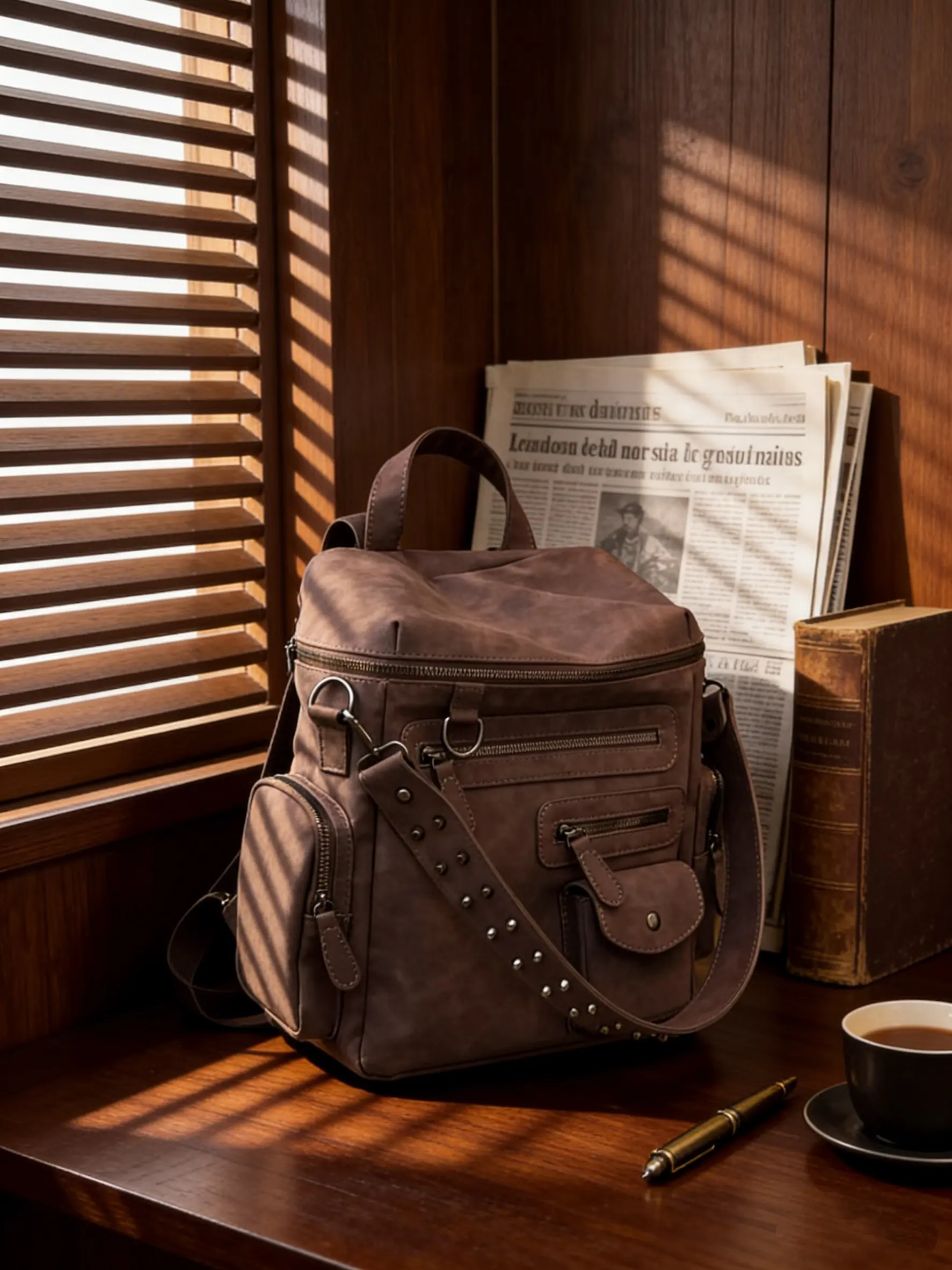 Women's Suede Rivet Motorcycle Wind Backpack, Multi-Pocket Zipper Wide Shoulder Strap, Vintage Casual Commuter Travel Bag, Travel Backpacks