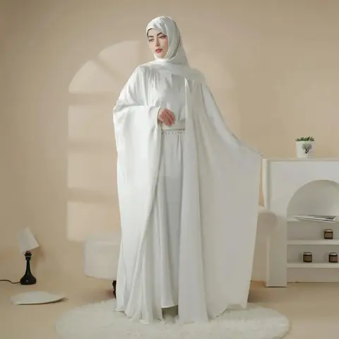 Nisamodest Women's 5-Piece Full-Cover Satin Arabic Abaya Set (MOA019) - Conservative Abayas, Abaya Fashion, Long Sleeve, Loose Maxi, Hijab Style, Inner Dress, Niqab, Matching Belt with Diamond Tassel, Side Slit, Formal Holiday Wear, Versatile Set