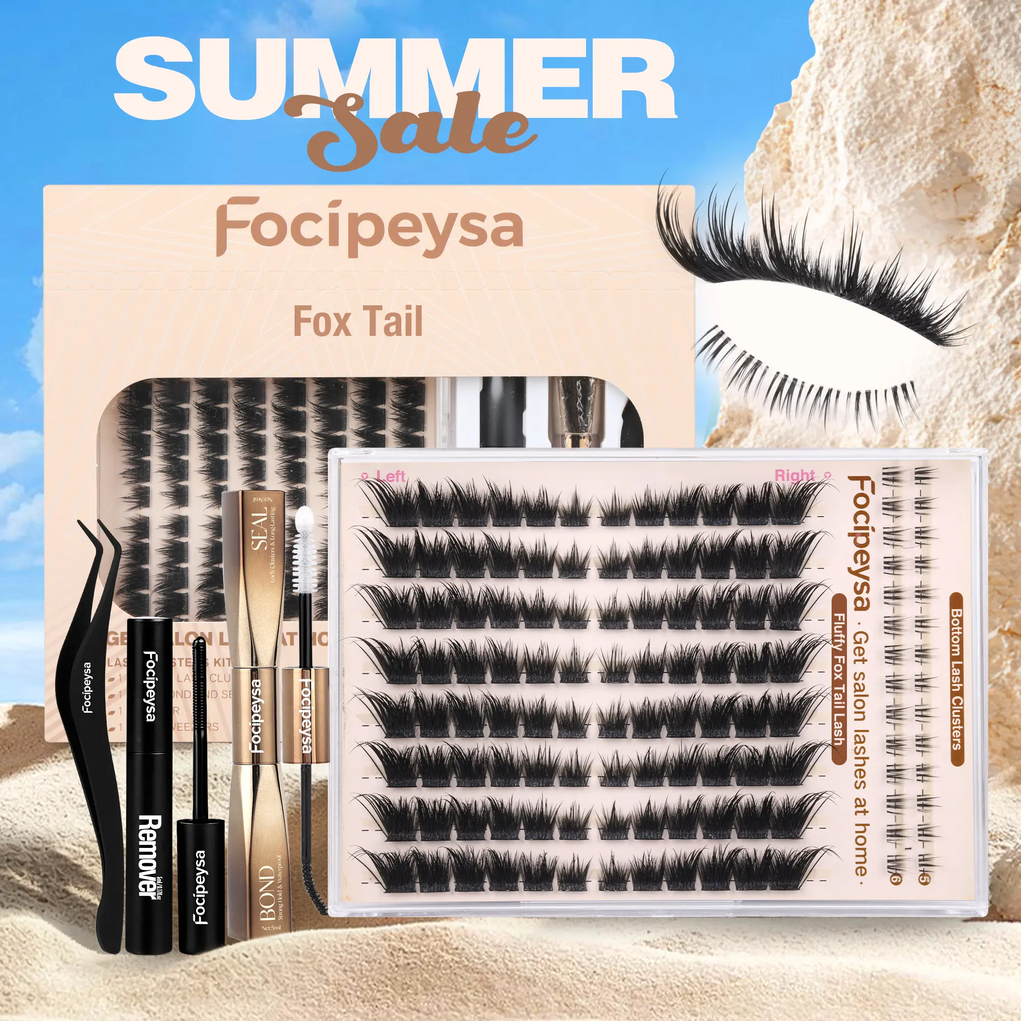 Focipeysa Fluffy FoxTail Lash Clusters | LC Curl Fox Eye Lash Clusters | Natural, Wispy, Ultra-Dense | Beginner-friendly,  Get Flawless Salon Extensions at Home| Lash Kit with Bond and Seal, Complements All Makeup Looks