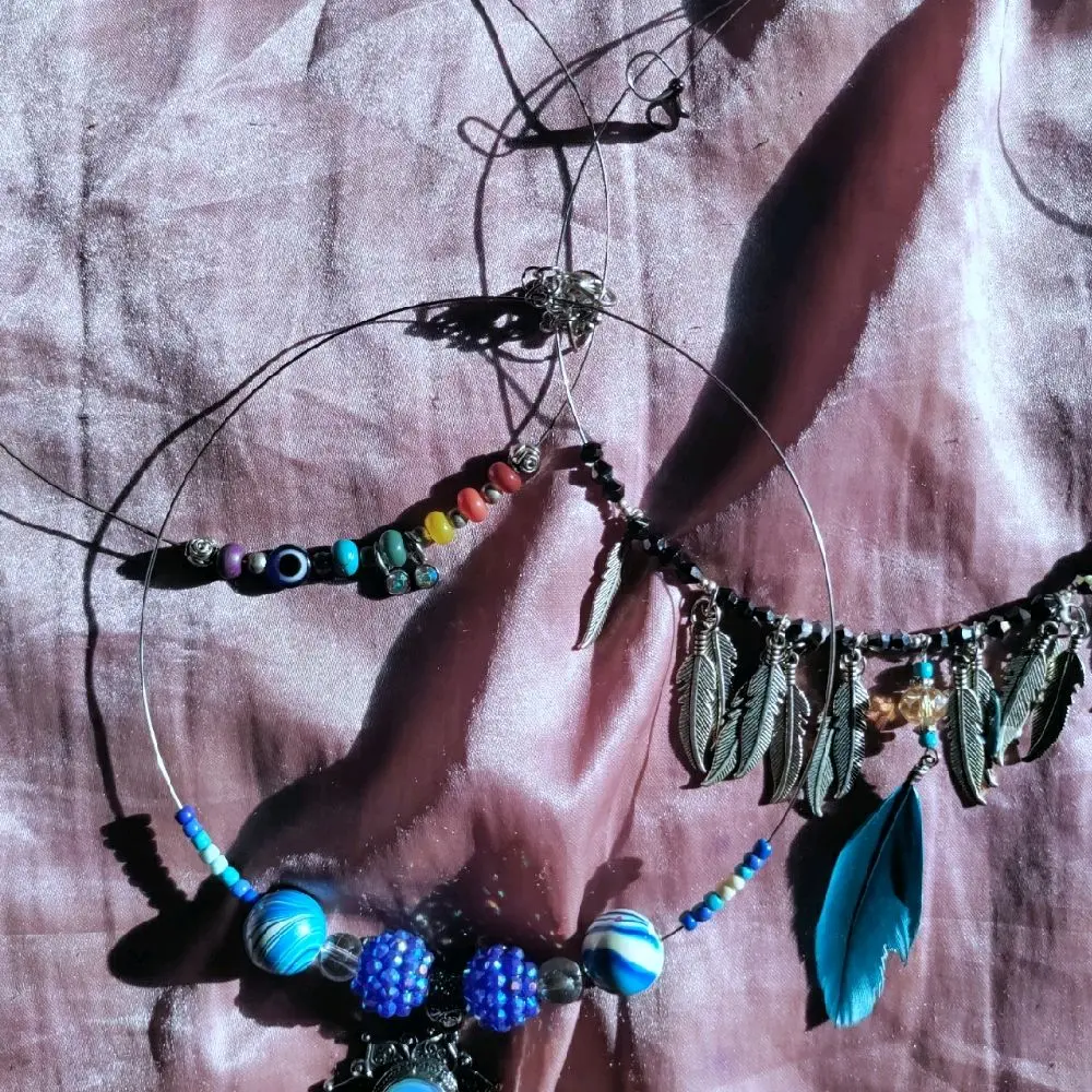 Lady Emjay's Wire Choker with Colorful Beads and Feathers Unique Design Jewelry Accessory