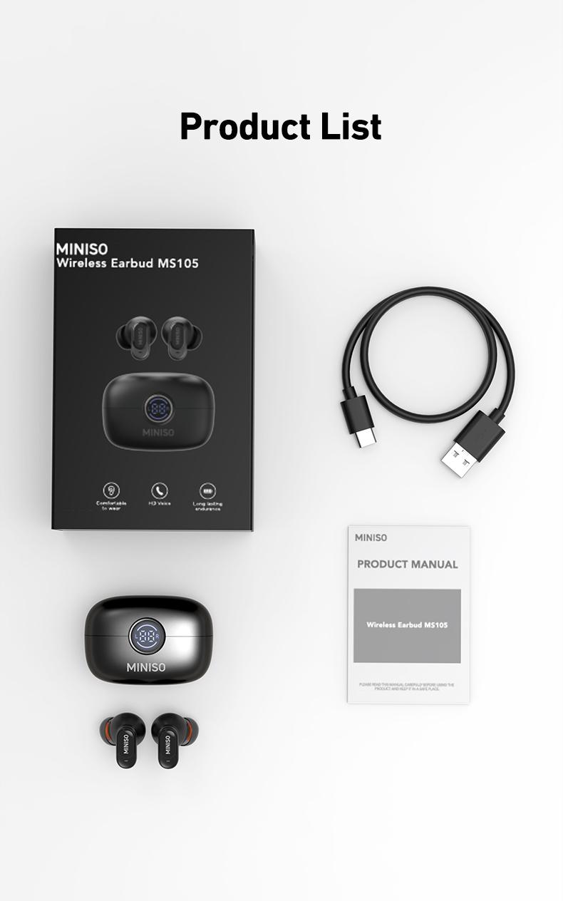 MINISO MS105 Wireless Bluetooth Headphones, Tiny Size Invisible Earbuds, Waterproof Headsets, Mini and Short Handle Design, for Work Sport Sleeping