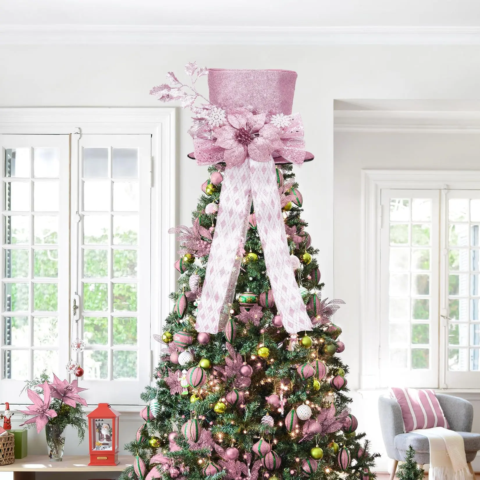 Pink Christmas Tree Topper Bow Ornaments - Glitter Sequin Snowflake & Decorative Spruce Branch Holiday Decor for Outdoor Furniture, Door Displays, Glass Tabletops (Includes Hat Accent)