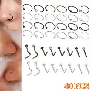 40pcs 18G Stainless Steel Nose Rings & Earrings - Hypoallergenic L-Shaped Nose Rings with Synthetic Cubic Zirconia, Gunmetal Finish, Unisex Jewelry for Daily Wear & Gift Giving, All-Season Elegant & Sexy Style, Nose Jewelry, Gift Jewelry, Sleek Design Sum