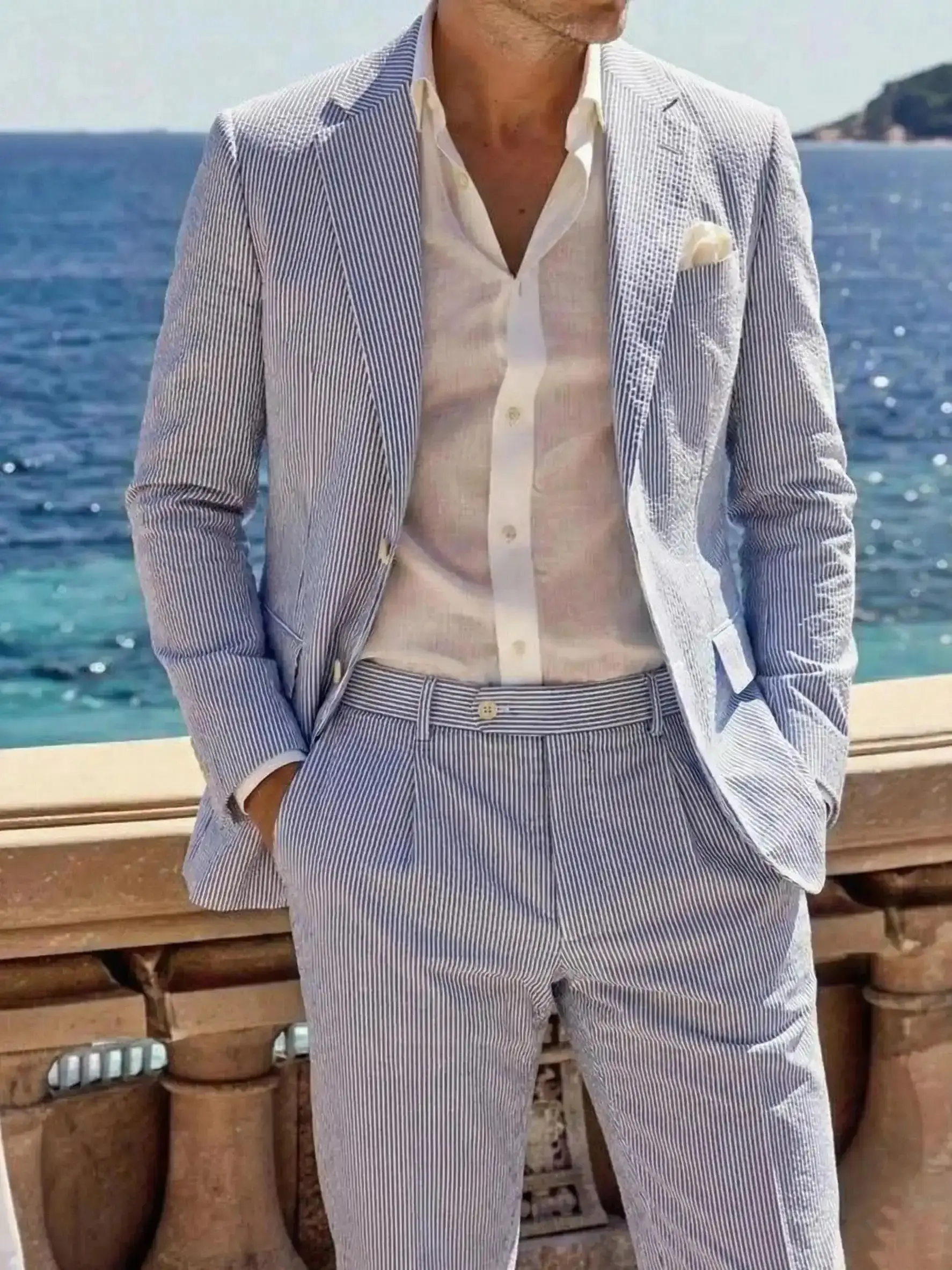 Men's 2-Piece Bubble Gauze Summer Slim Fit Outfits Suit Groom Sear Sucker Suit Wedding & Outfits Fashion, Trendy, Coordinated, Clean, Lightweight, Versatile, Casual, Sleek, Modern, Relaxed