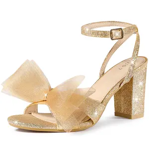 BLISSFUL STEP Glitter Heel Mesh Bow Chunky High Heel Sandal for Women