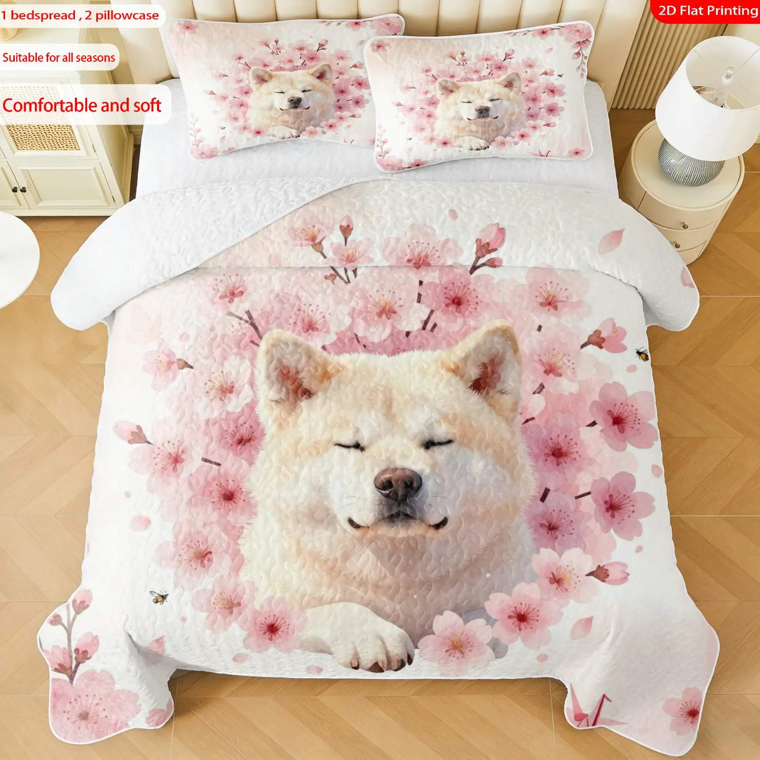 3 pcs, 2D Flat Print Shiba Inu with Cherry Blossoms Watercolor Style Bedspread Set, Soft and Comfortable, Multiple Sizes Available, Suitable for Gifting and Daily Use, Ideal for Creating a Cozy Home Atmosphere(1 bedspread , 2 pillowcases)