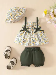 Three-piece Set Girl's Floral Print Cami Dress & Shorts & Sun Hat, Cute Casual Outfits for Little Girls Summer Gift Set, Kids Clothes for Daily Wear, Essentials Set