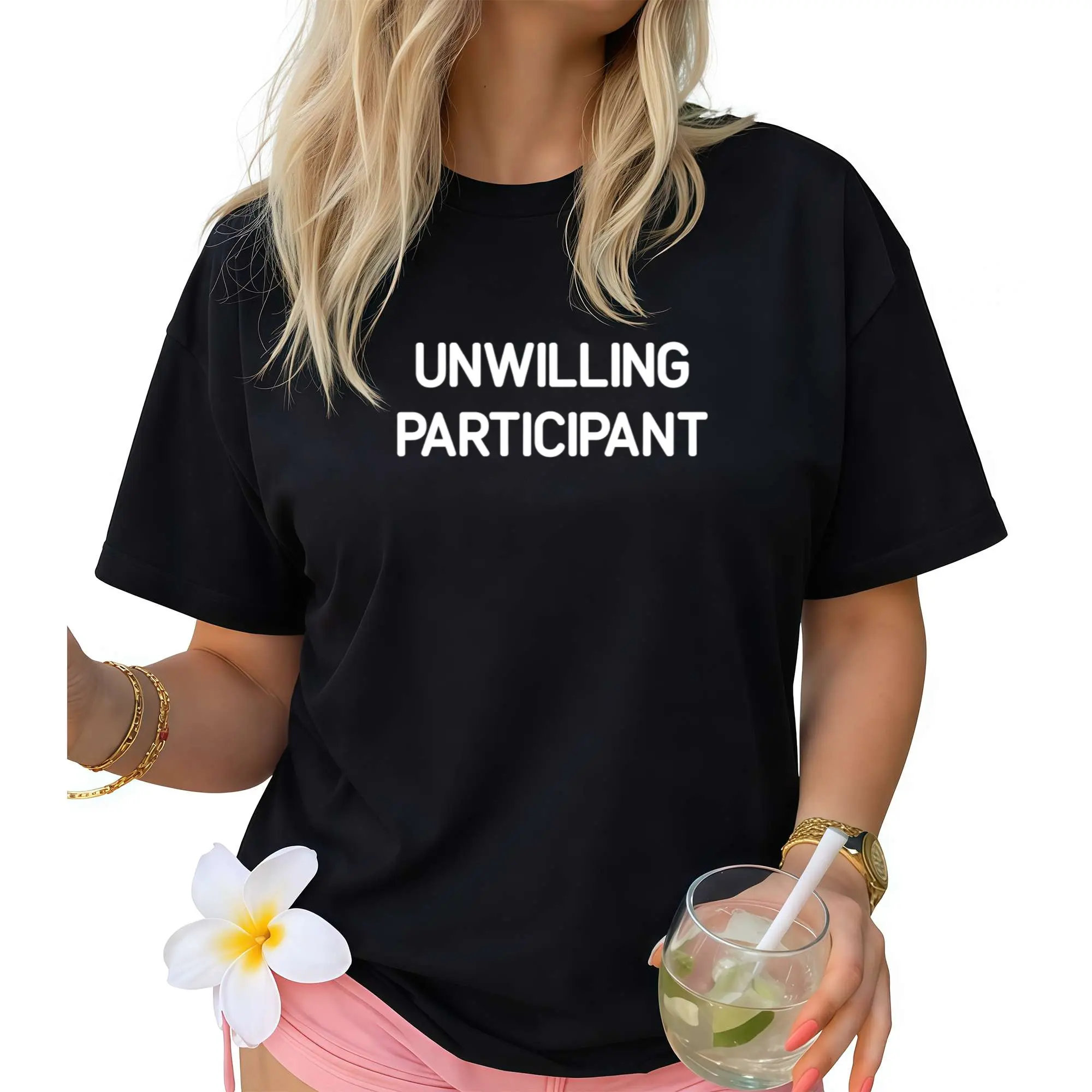 T-shirt for reluctant participants, funny humorous joke satire T-shirt, women's four-season pure cotton casual crew neck outdoor short-sleeve T-shirt, fun T-shirt
