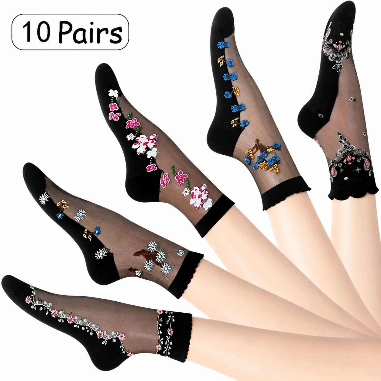 Vibrant Floral Patterned Glass Socks - 10 Pairs of Soft, Breathable Mid Tube Socks for Women - Comfortable Casual Attire, Work, or Special Occasions Everyday Style
