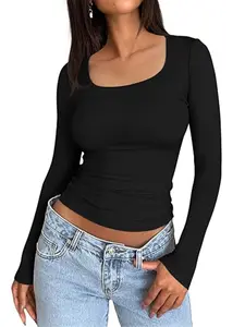 Women's Long Sleeve Square Neck Slim-Fit Breathable T-Shirt, Cute Style, Moderate Fabric Thickness, All Seasons Wear, Comfortable & Stylish Design