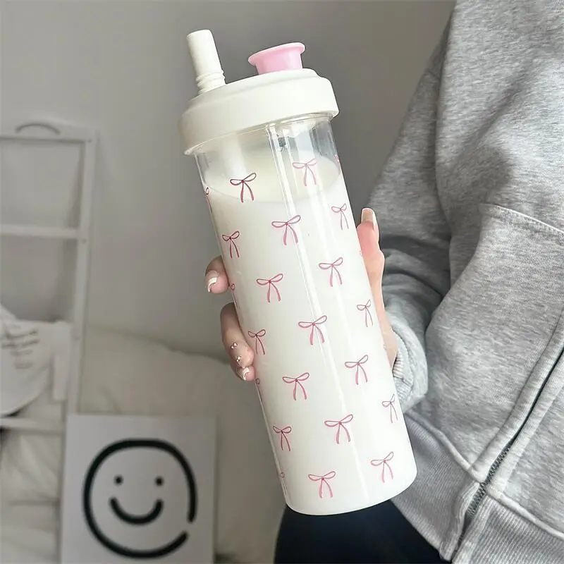 700ML Large Capacity Coffee Cup, Simple Bow Plastic Water Bottle Traveler Tumbler with Lid and Straw, Reusable Portable Sports Cup, Back-To-School Supplies, Water Bottles with Straw