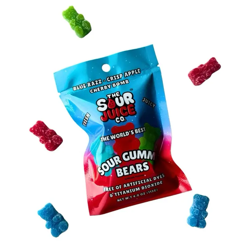 The Sour Juice Co - Sour Gummy Bears Trio Pouch - Cherry Bomb, Blue Razz, Crisp Apple (No Artificial Dyes / Halal Gelatin)