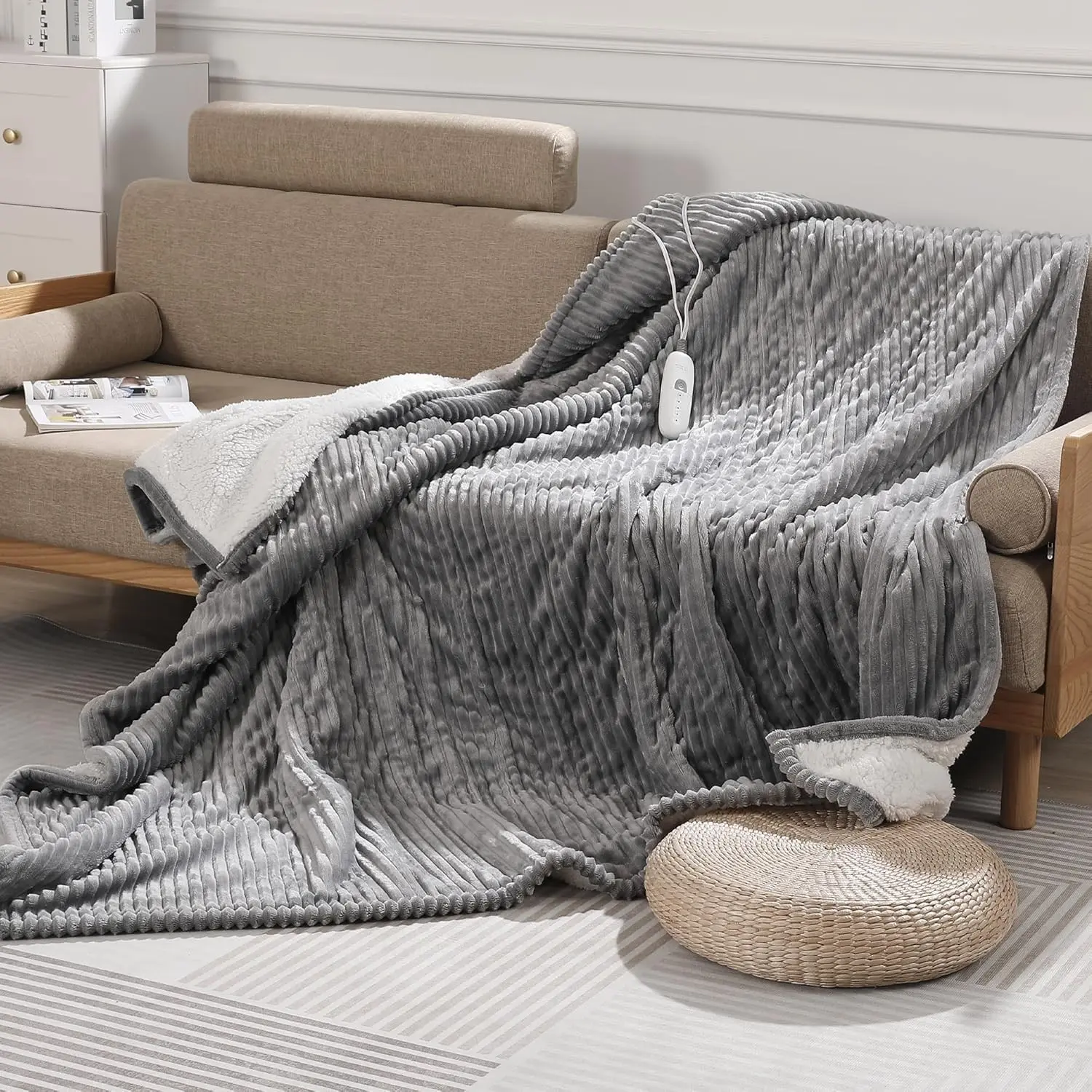 Heated Blanket Twin Electric Blanket for Bed Fast Heating Blanket Twin XL | 450Gsm Ultra Thick Striped Sherpa Plush Electric Blanket Twin, Save on Heating Bills, Heats Up Quickly and Evenly, Warm Gift