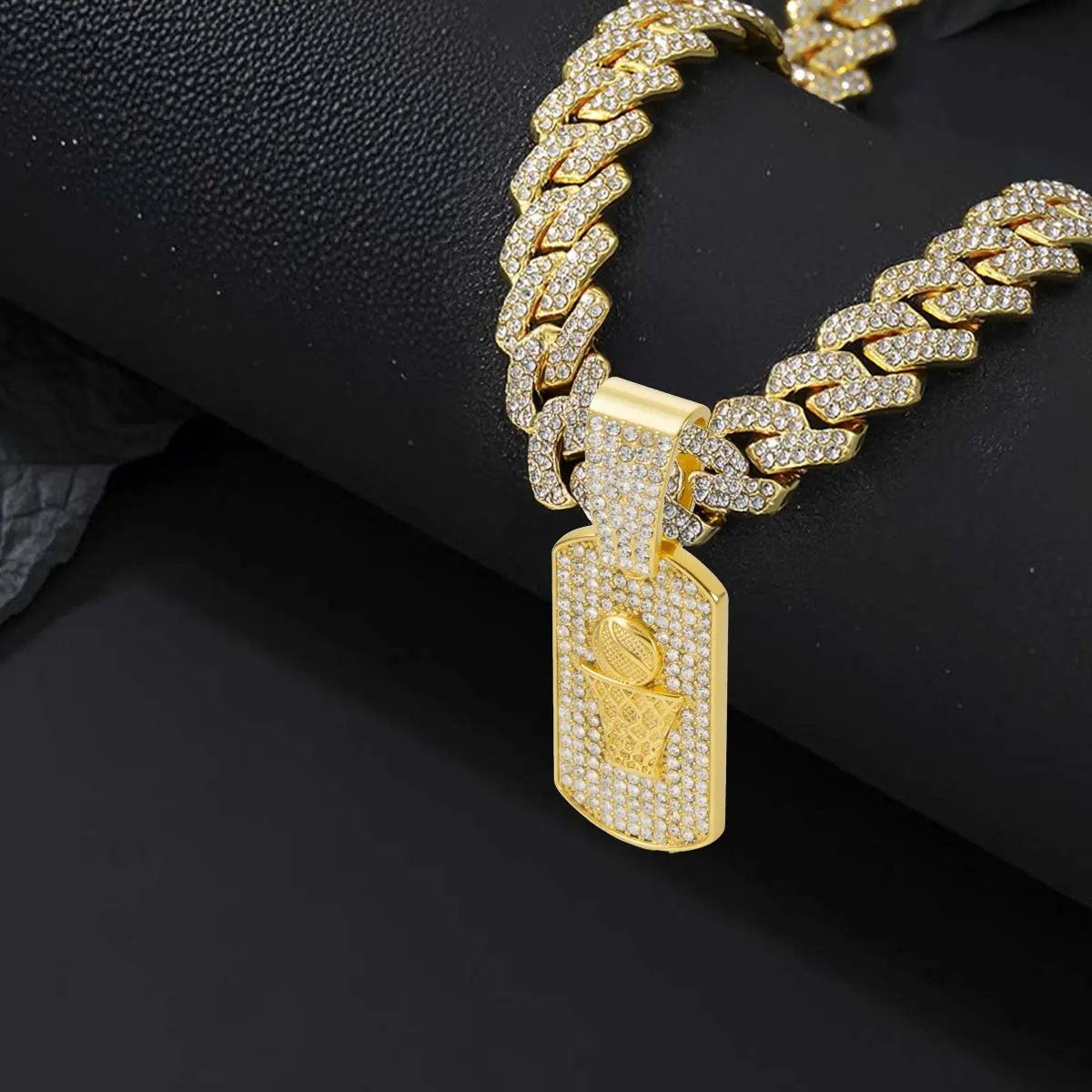 Gold Tone Basketball Hoop Pendant Iced Out Miami Cuban Link Chain for Men Zinc Alloy Gold Finished Bling Swish & Net Hip Hop Necklace Basketball Lover Charm Urban Streetwear Mens Iced Out Jewelry