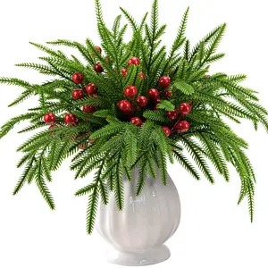 Christmas Norfolk Pine Branches with Red Berry Stems, 13.39" Artificial Greenery Norfolk Pine Stems Sprigs, Fake Foliage Pine Needles Picks for DIY Craft Garland Home Decoration, Artificial Plant Set