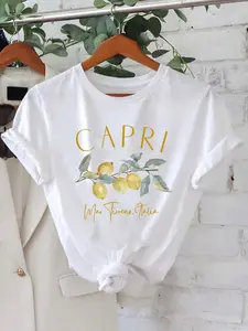 Women's Lemon Print Round Neck Tee, Casual Short Sleeve Crew Neck T-Shirt for Summer, Fashion Women's Top for Daily Wear, Womenswear