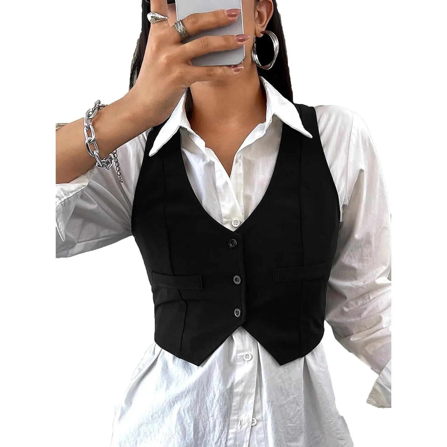 Women's Solid Button Front Crop Waistcoat V Neck Vest Tops | Sleeveless Blazers, Cute, Cropped Jacket, Corset Suit Vest Dressy Top
