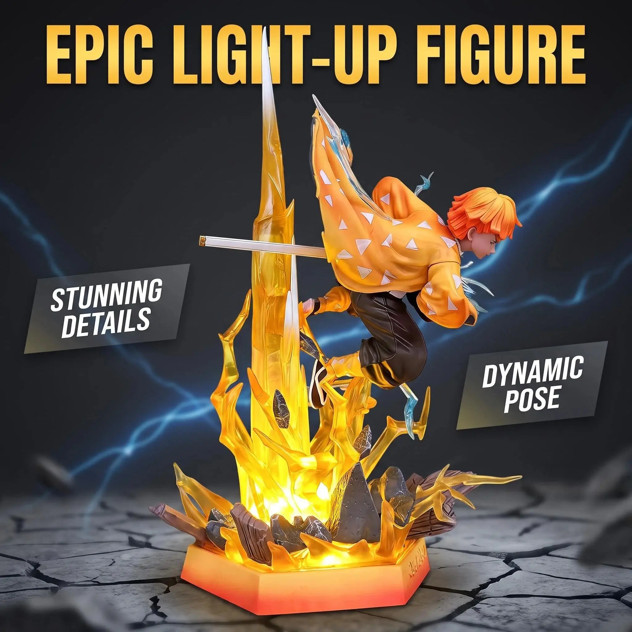 Demon Slayer Agatsuma Zenitsu Thunder Breathing Anime Figure - High-Detail GK Modified PVC Swordsman Statue with LED Lightning Effects, Cracked Rock Accents, Replaceable Faces, Collectible Desktop Decor, Ideal Gift for Anime & Manga Fans