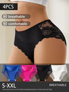 QUASTI 4-Piece High-Waisted Breathable Lace Women's Panties, Wavy Edge Seamless Cross Triangle Panties, Smooth, Soft and Elastic Fabric, Everyday Womenswear, Sizes S-XXL