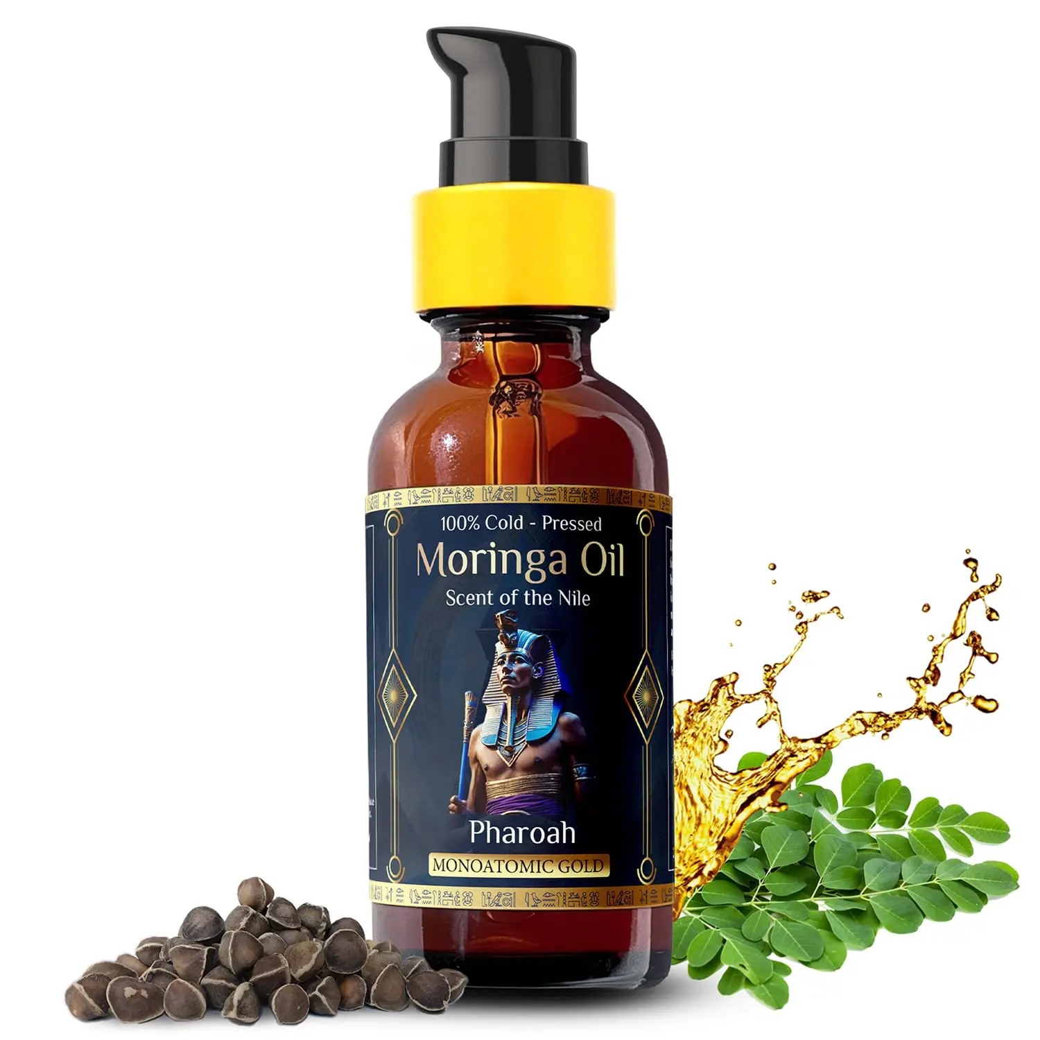 Men's 100% Pure Moringa Oil blended with Leather, and Sweet  Essential oils and infused with Egyptian Ormus Gold For Face, Hair, Nails, Beard, and Tattoos. 1oz. (30 ml)
