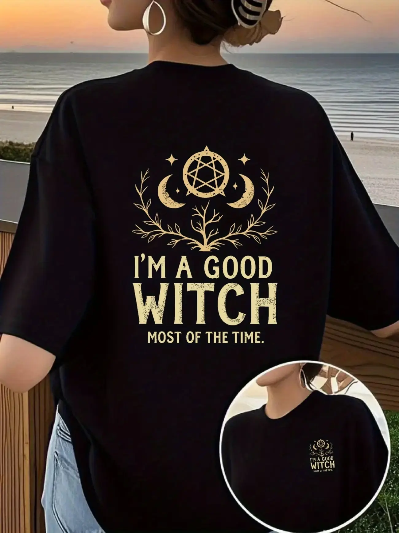 Front and Back Printed T-shirt, "Witch" and "Good Witch" Pattern, Women's Crew Neck Casual Short Sleeve Top, Trendy and Fashionable Casual Style, Women's Double-sided Print Top