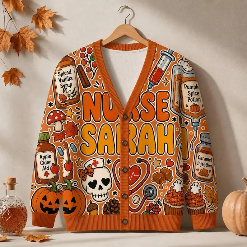 [ Custom Name ] Personalized Nurse Fall Knitted Cardigan: Custom Name, Orange Halloween Medical All-Over Print