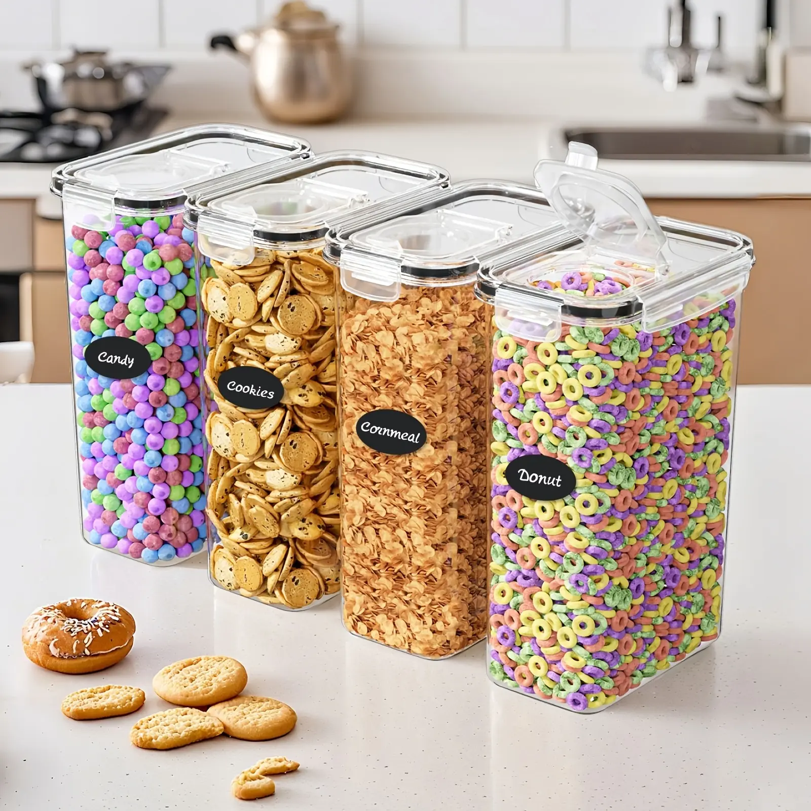 4pcs Airtight Cereal Container Set, Transparent Food Organizers with Lids 4 Liter Reusable Labels And Marker, Clear