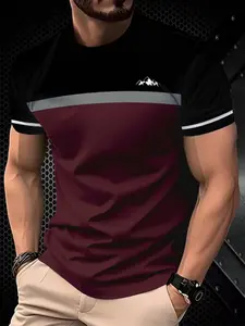 Men's Modern Casual Streetwear T-Shirt, Two-Tone Design, Breathable Daily Office Wear, Round Neck, Striped Edges, Comfort Fit, Fitted, Menswear, Crewneck, Casual Style Tee, Top