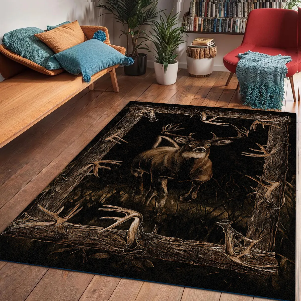 Deer Hunting Rug for Living Room, Camo Deer Rugs, Elk Rustic Carpet, Vintage Style Cabin Rug, Animal Themed Rugs, Animal Pattern Rug, Home Decorative Rug, easy to clean and machine washable, enhance home decor, suitable for living room, bedroom