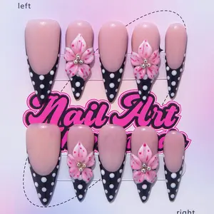 Delicatething Y2K Style Long Point False Nails, Handmade with Floral Patterns, Suitable for Parties, Includes Jelly Glue and Crystal Stick