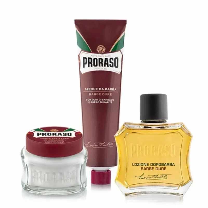 Proraso Men's 3PC Grooming Set - Italian-Made Sandalwood After Shave Lotion, Pre-Shave, Red Shaving Cream Soap Tube, Ideal Man Gift