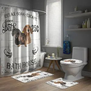 Fun Dog Shower Curtain Set, Waterproof Curtains & Hooks, Non-Slip Bath Mat Toilet Pad, Cute Dachshund Puppy Decor Print, Bathroom Essentials, Installation