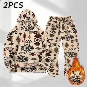 Set Men's Winter Fleece-Lined Thick Hooded Ethnic Style Sweatshirt Long Sleeve Casual Loose Versatile  Sherpa-Fleece Jacket Men's Warm Coats with Hood Fall Streetwear fall outfits hoodies men streetwear outfits men Stylish.men's wear flash sale.