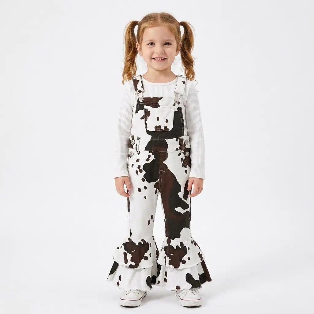 Girls' Leopard Print Denim Overalls  Adjustable Straps & Waist, Western Cow Style, Buttons, Machine Washable, All-Season Bottoms