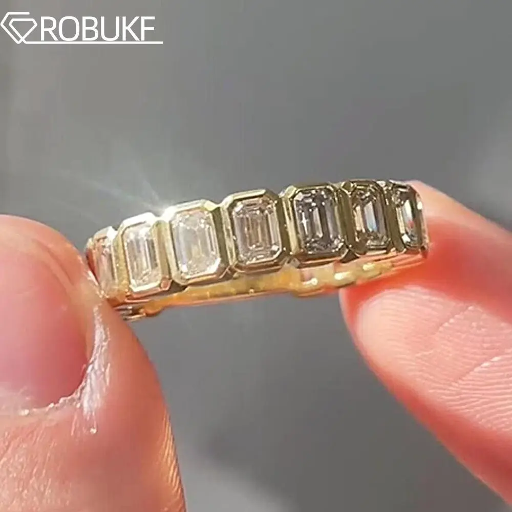 34mm Bezel Set Emerald Cut Moissanite Ring for Women Men  Sterling Silver Full Eternity Matching Stackable Promise Band Gift