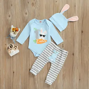 Imcute Newborn Baby Girls Boys Easter Outfits My 1st Easter Romper Bodysuit Stripe Bunny Pants Hat 3Pcs Clothes Set