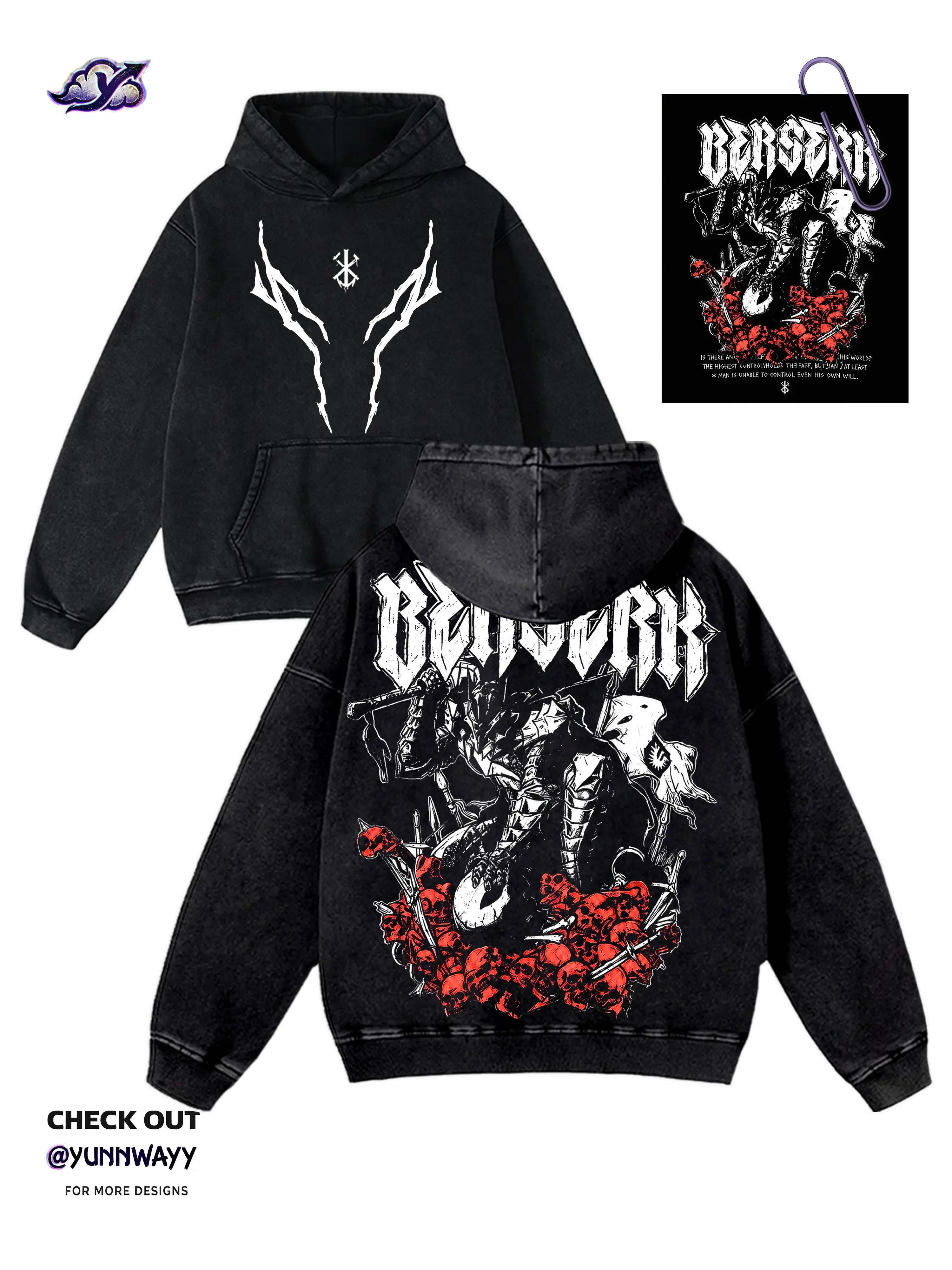 Classic Vintage Acid Wash Heavy Cotton Berserk Guts Graphic Hoodie - Men's Casual Streetwear, Unisex Manga Anime Apparel, Christmas Gift for Anime Fans Clothes