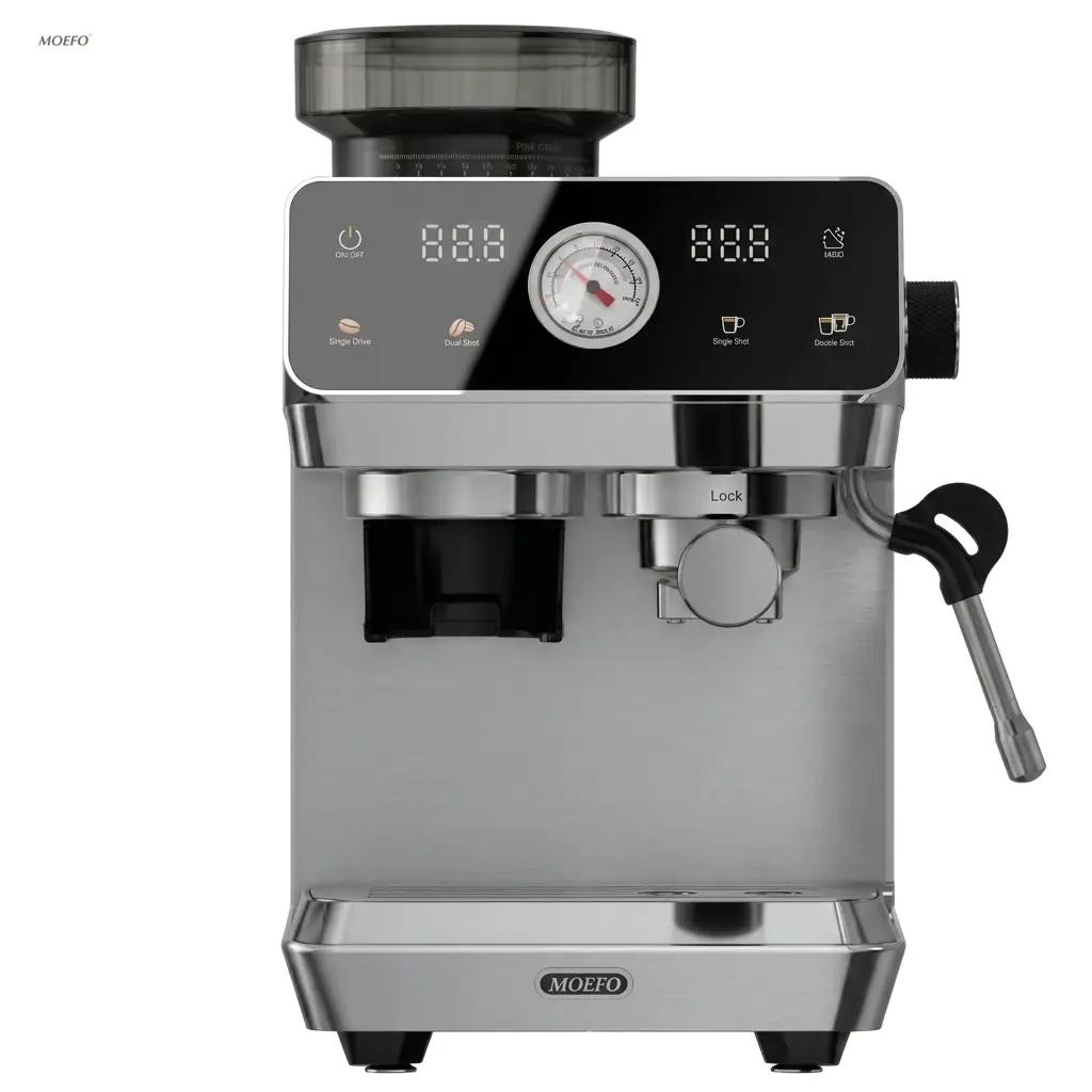 20-Bar Espresso Coffee   Maker - Metal, Touchscreen, Compact   Stainless Steel, Built-In 44-Setting Grinder,   Integrated Brewing Mechanism, Milk Frother   Steam Wand, 1.8L Removable Water Tank, 110V   Plug, for Home Kitchen, Metal Coffee Maker