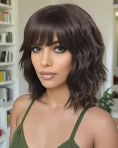 12 inch short layered natural brown wavy wig with bangs, short bob wavy wig for women with synthetic curly hair, suitable for daily wear all year round, parties, role-playing, festivals, and Halloween