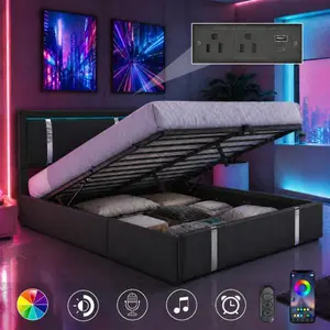[Bellemave]Full /QueenSize Bed Frame with Adjustable LED Lights Headboard, USB-C Charging Ports, Faux Leather Upholstered Platform Bed, Metal Slats Support, Black