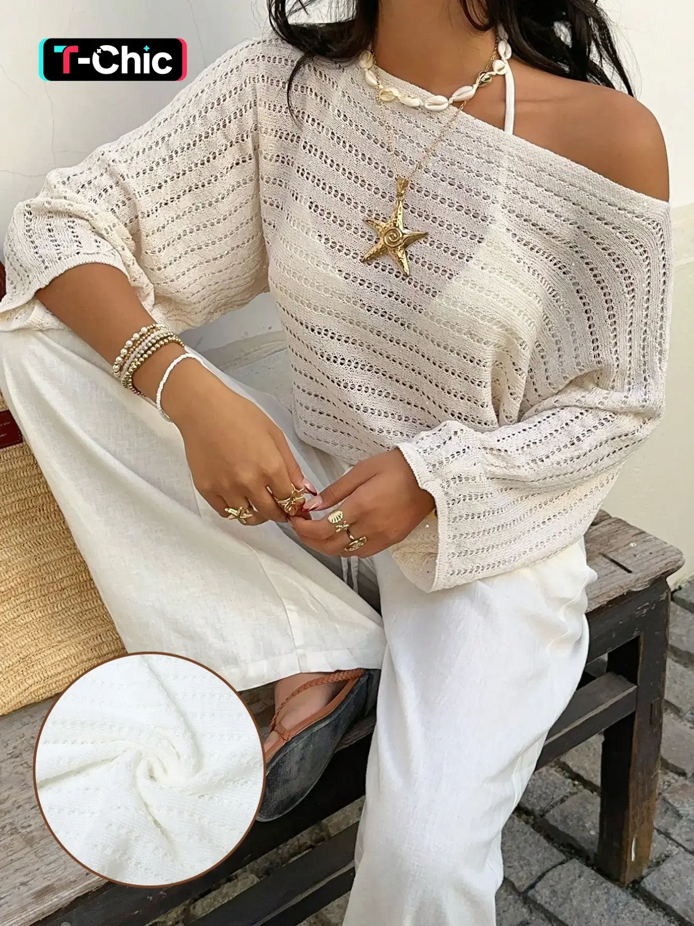 Women's Off-Shoulder Batwing Sleeve Knit Top, Knitwear, Boho Elegant, Flowy and Comfortable, Perfect for Spring and Summer Beach Vacations, Versatile Sun Protection