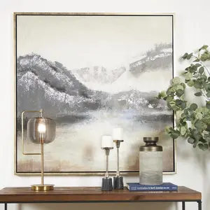 Landscape Blue Canvas Lake and Mountain Living Room Framed Wall Art with Silver Foil Accents