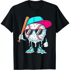 Funny Dripping Baseball Character Holding Bat T Shirt Cool Cartoon Baseball Player Graphic Tee For Baseball Fans
