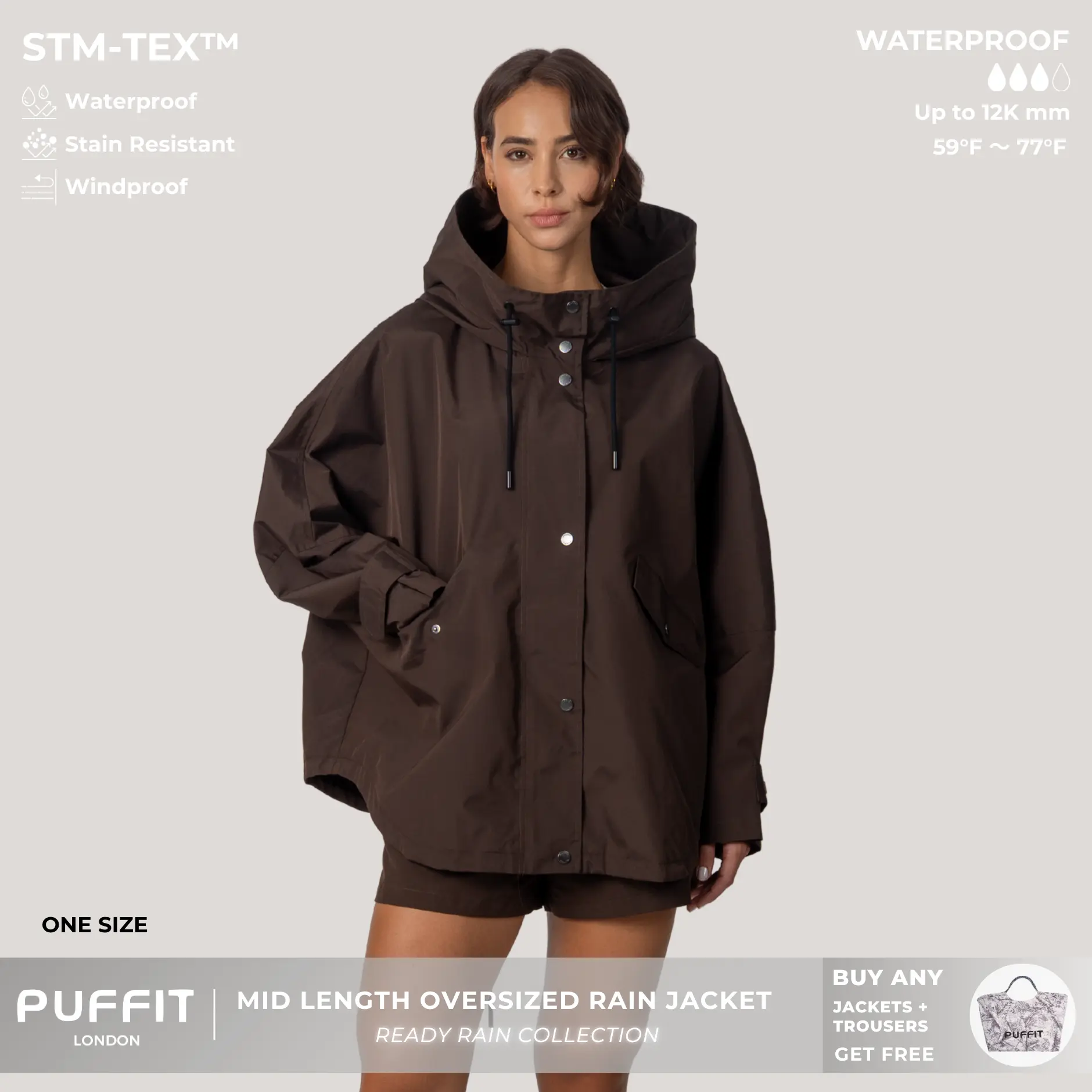 PUFFIT STM-TEX Mid Length One size Oversized Rain Jacket with Adjustable Hem,Loose Fit,Autumn Hooded Jacket,Waterproof Jacket,Lightweight,Wide-Brim Hood,Adjustable Cuffs,Outdoor,Windbreaker,Shopping,Dog Walking,School Running,Football Mum,2026